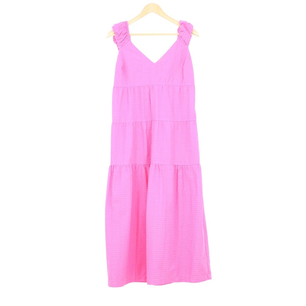 Old Navy Pink Seersucker Tiered Maxi Dress Ruffle Tie Back V-Neck M - Picture 2 of 6